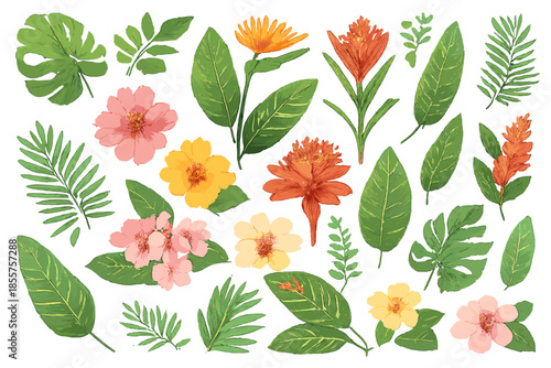 Tropical Flowers and Leaves with Glowing Halos