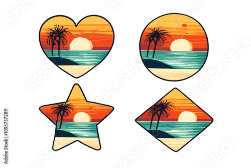 Tropical Sunset Beach Scene in Decorative Shapes