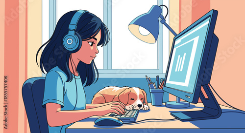 Stylish portrait of a young woman with long straight white hair wearing a black beret and dark clothing against abstract colorful shapes.