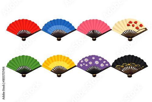 Eight colorful paper fans with glowing light effects