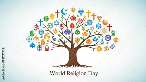 Tree of world religions diverse faith symbols forming branches and leaves concept of unity and spirituality isolated on white background