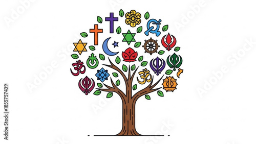 Tree of diverse religious symbols representing global faiths and spirituality a concept for unity and multiculturalism isolated on white
