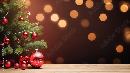Christmas Ornaments with Red Bokeh Background