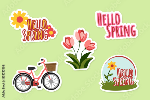 Hello Spring set of spring bright stickers with illustration of a bicycle and flowers
