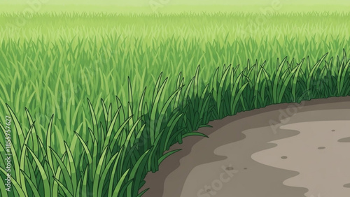 Vast green meadow with a dirt path curving into the distance representing nature outdoors and a journey perfect for travel or environmental themes