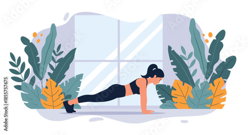 Woman performing core strengthening plank exercise in a peaceful indoor environment surrounded by lush tropical green plants.