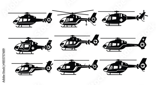 A collection of black silhouette helicopters in various orientations