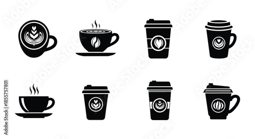 Black and white icons depicting various styles of coffee cups and beverages