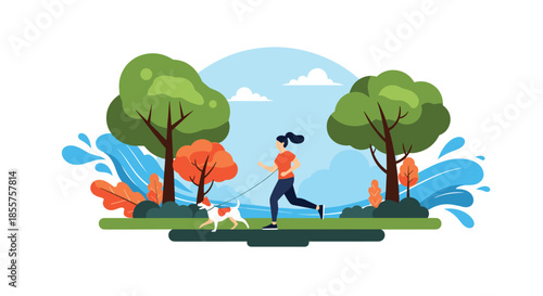 Young woman jogging with her pet dog on a leash in a beautiful green park with large trees and stylized blue water splashes in the distance.