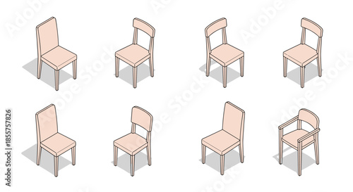 Collection of different wooden chair designs shown from an isometric perspective in a minimalist light pink and white style for interior design.
