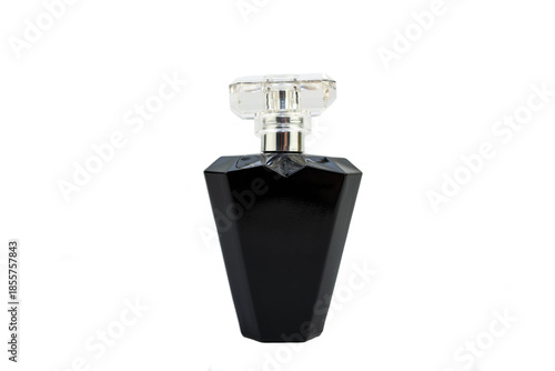 Women's perfume in black glass recipient isolated on white background.