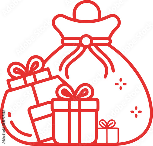Santa’s bag spilling over with wrapped presents vector line art icon black and white white background