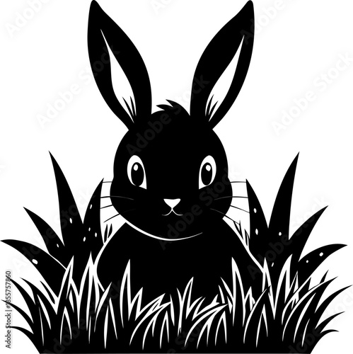 Shy rabbit hiding in grass silhouette vector black , white background