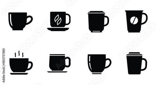 Black and white icons depicting various styles of coffee cups and beverages