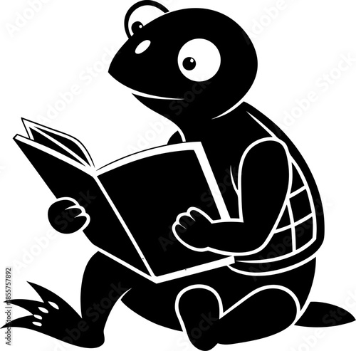 Turtle reading newspaper slowly silhouette vector black , white background