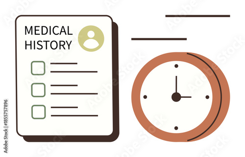 Medical history checklist with user icon beside classic wall clock. Ideal for health records, time management, organization, scheduling, personal wellness, healthcare planning, simple flat metaphor