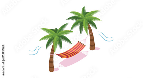 Relaxing striped hammock tied between two palm trees on a sandy beach with stylized blue waves and soft shadows under the bright summer sun.