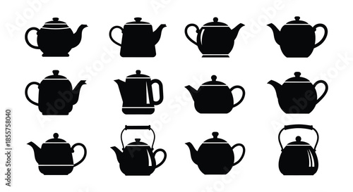 A collection of diverse teapot silhouettes in a simple black and white arrangement