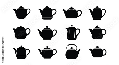A collection of diverse teapot silhouettes in a simple black and white arrangement