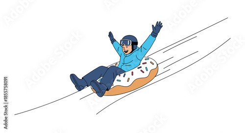 Happy person wearing winter gear and a helmet sliding down a snow-covered slope on a large donut-shaped inflatable tube with colorful sprinkles.