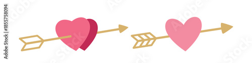 Set of Valentine's Day love cupid arrow with heart shape flat vector  illustration.
Valentine heart and arrow icon.
White background.