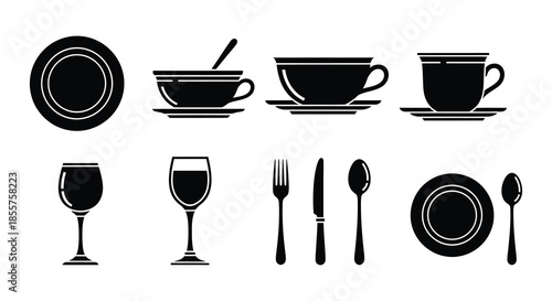 Black silhouette icons of plates cutlery and glassware for dining