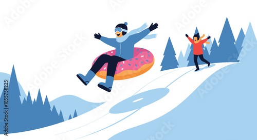 Joyful group of people sliding down a snowy mountain slope on large donut tubes in a beautiful winter forest setting during their holiday.