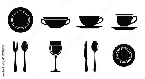 Black silhouette icons of plates cutlery and glassware for dining