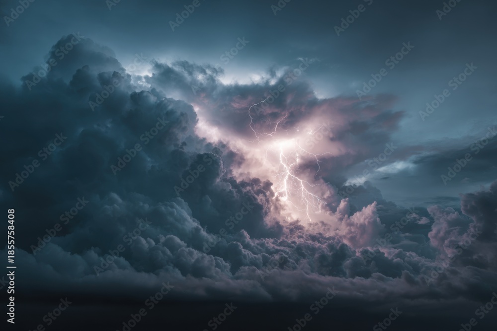 Obraz premium Dramatic storm clouds with flashes of lightning illuminating the dark sky at dusk