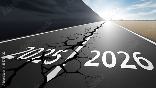 Cracked road dividing 2025 and 2026 with bright future ahead