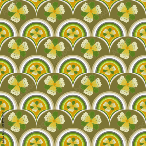 A light olive and cream scallop pattern showcasing intricate, woven feather-like designs with a rhythmic, organic feel.