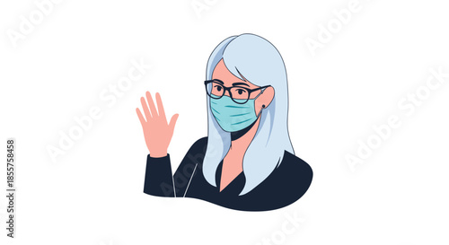 Woman with gray hair and glasses wearing a blue protective face mask and waving her hand in a friendly greeting on a plain background.