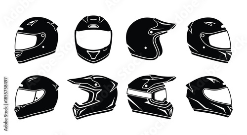 Variety of black motorcycle and sports helmets in a grid arrangement
