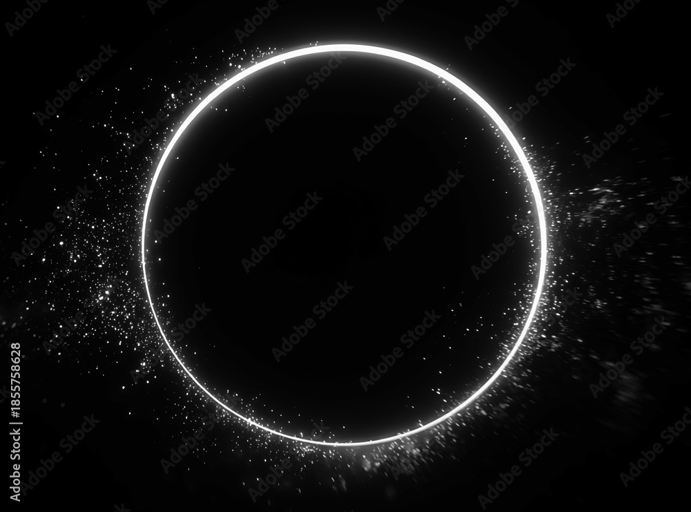 Fototapeta premium White circle. glowing ring overlay with light particles isolated on black background for stage lighting effects