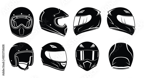 Variety of black motorcycle and sports helmets in a grid arrangement