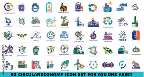 Circular Economy Thin Line Icons Set: Environmental Issues, Net Zero, Green City, Waste Management, Green Economy, Sustainable Finance, Global Consumption - Vector Illustration