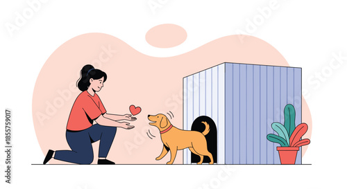 Kind woman kneeling down and offering a heart or a toy to a happy golden dog standing outside its blue doghouse on a light pink background.