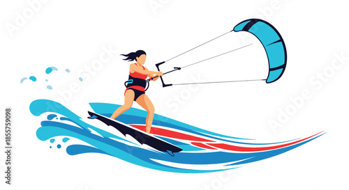 Athletic woman kitesurfing on big ocean waves with a blue kite and surfboard, enjoying extreme water sports in the sun.