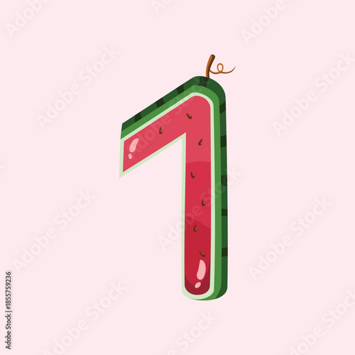 A fun flat illustration of the number one shaped from watermelon elements, ideal for number learning, food themes, and playful educational visuals.