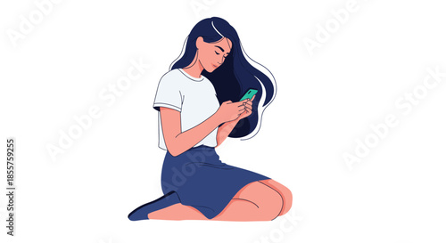 Young woman sitting on the floor while focused on her smartphone screen, depicted in a clean and modern flat illustration style.