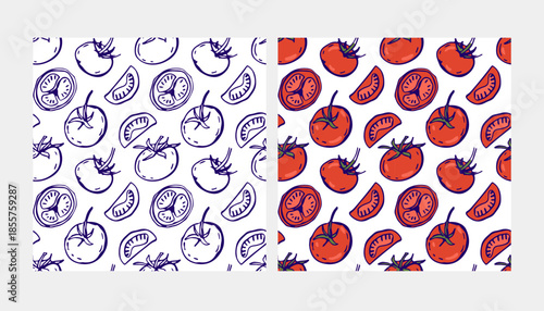 Seamless pattern with tomato. Set of patterns. Monochrome and colored tomato backgrounds. Whole, chopped vegetables, hand drawn doodle sketch for Mediterranean diet wallpaper, wrapping, print. 