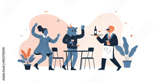 Group of diverse people and a blue cat monster character dancing and enjoying cocktails at a celebratory indoor social event.