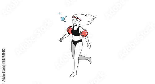 Young girl swimming happily in water wearing red inflatable armbands and goggles for safety and fun during summer time.