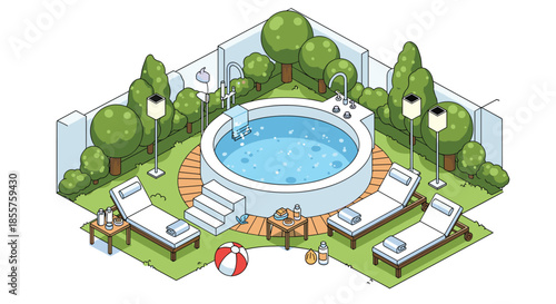 Isometric view of a luxurious outdoor spa backyard featuring a circular hot tub, lounge chairs, and lush green garden trees.