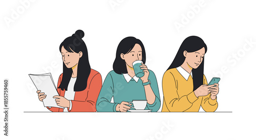 Three diverse young women sitting in a row, one reading a document, one drinking coffee, and one using her smartphone.