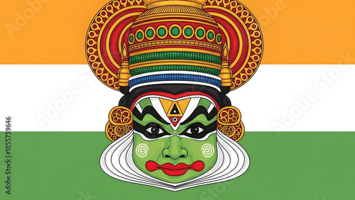 Kathakali dance mask in front of indian flag
