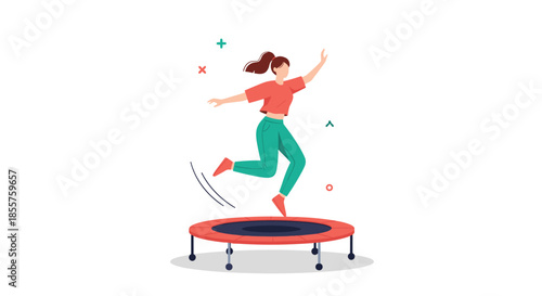 Young woman jumping high on a red trampoline against a white background with decorative colorful geometric cross symbols.