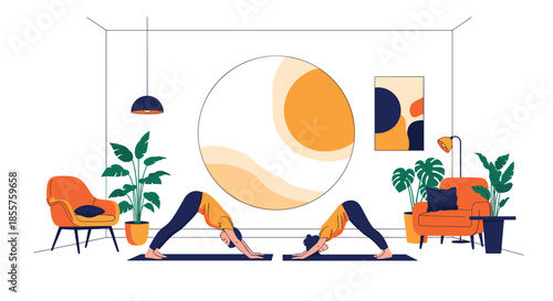 Two people practicing the downward facing dog yoga pose together in a cozy and modern living room with many plants.