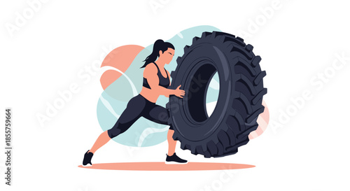 Strong athletic woman performing a tire flip exercise for strength and cross-training against an abstract background.
