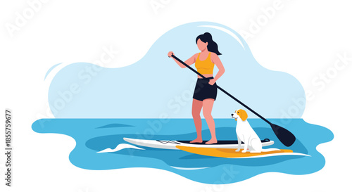Woman and her white dog enjoying a peaceful day of stand up paddleboarding on calm blue water under a clear sky.